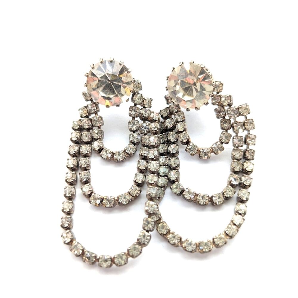 Vintage 50s Retro Glam Silver Tone Rhinestone Pierced Stud Dangle Earrings